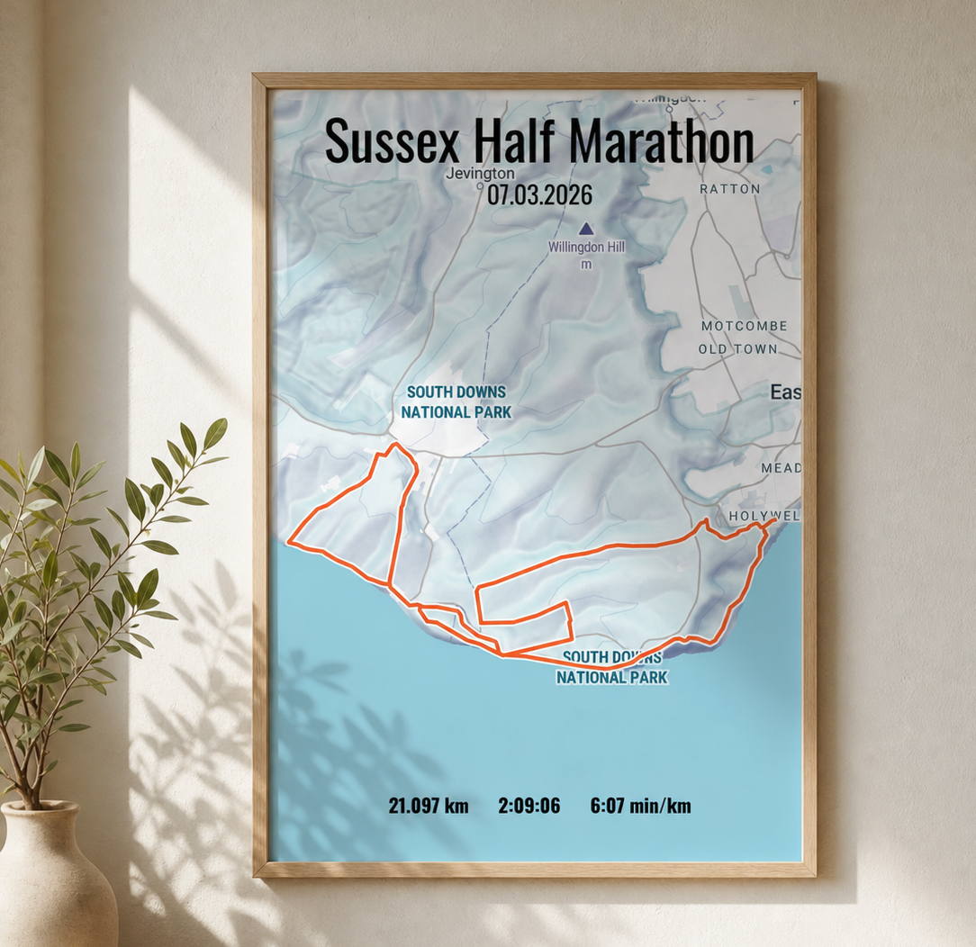 Framed Sussex Half Marathon poster hanging on a wall