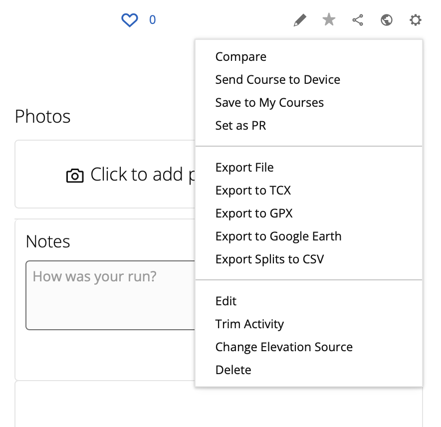 Garmin Connect menu showing the Export to GPX option